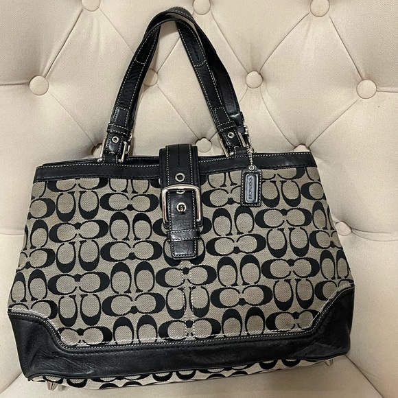 Coach Handbags - Coach F12643 Hampton black and tan jacquard logo with black leather tote